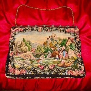 Vintage Petit Point Scenic Purse Handbag Jeweled Clasp